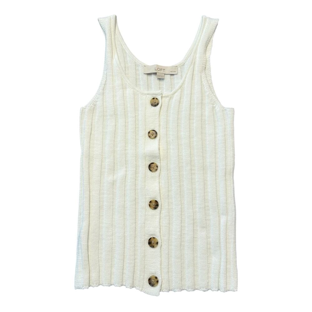 LOFT white ribbed sweater tank, tortoise button down, scoopneck, XXSP